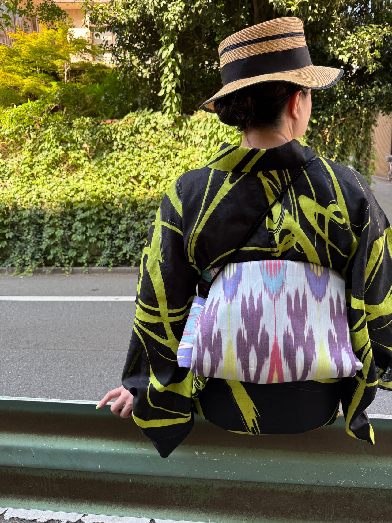 木綿 イカット柄 絣 全通 九寸名古屋帯 ボルドー味の赤×墨